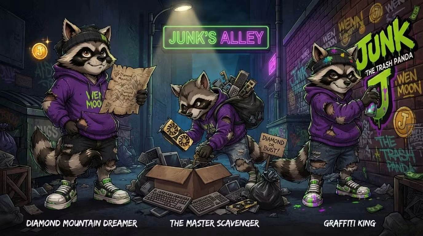 Three versions of Junk in a neon alley: dreamer, scavenger and graffiti king