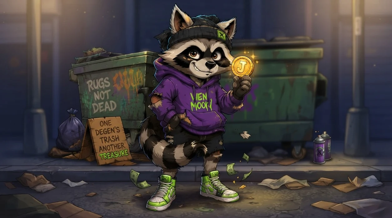 Junk holding a glowing gold coin in front of a dumpster